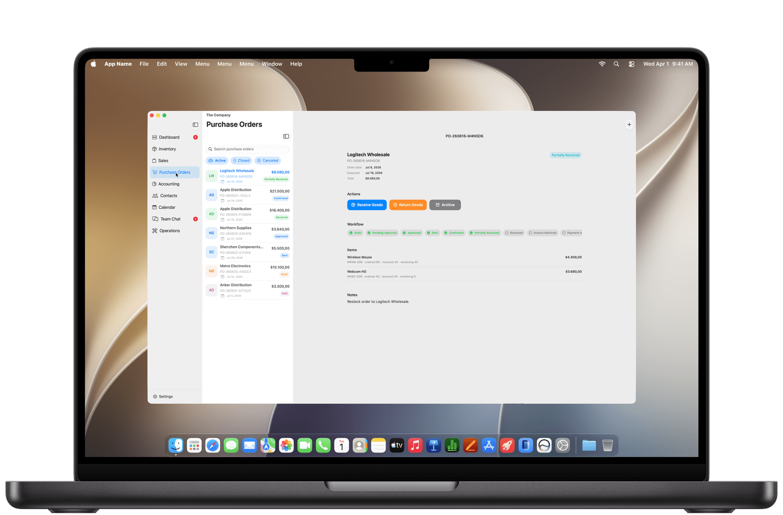 Purchase order with partial receipt and multi-stage supplier workflow